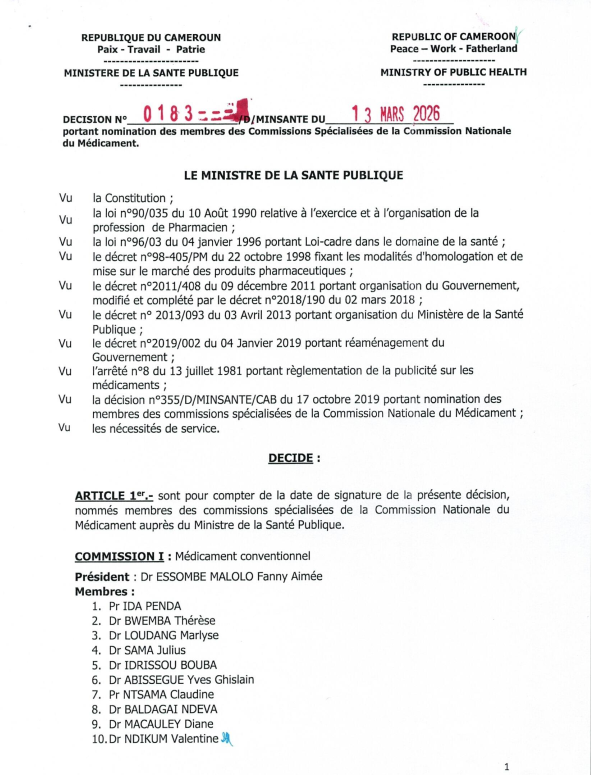 Decision portant nomination membres des Commissions Specialisees de la Commission Nationale du Medicament